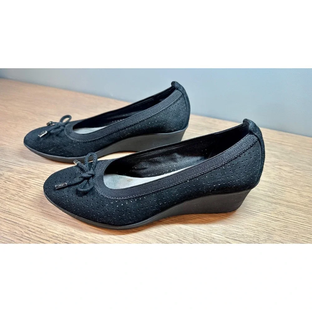 Anne Klein Sport AKCaria Black Wedge Flats Bow Comfort Shoes 7M